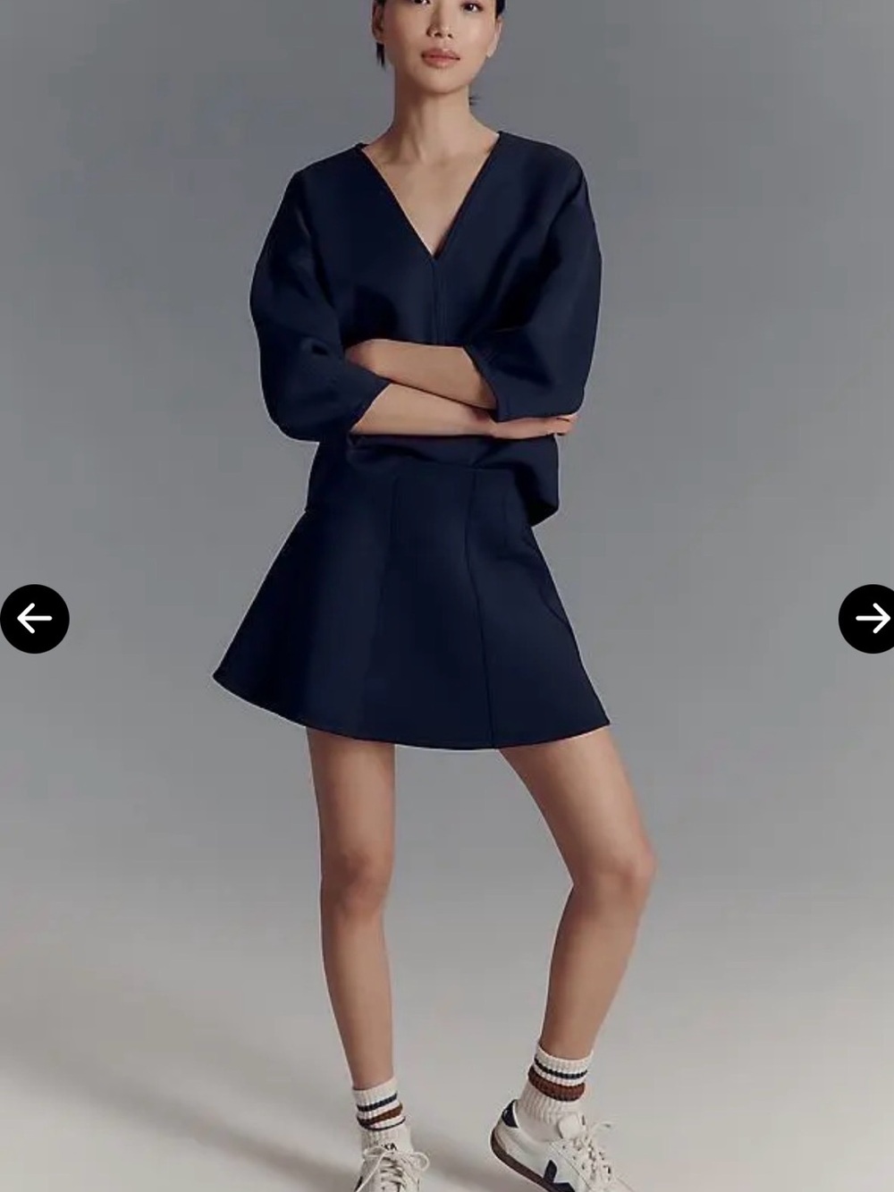 Anthropologie Navy Blue Scuba V-Neck Top and Flared Skirt Set